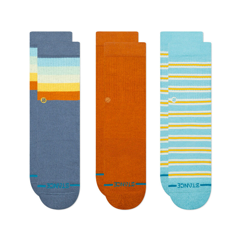 Stance Kids Maliboo Crew Socks 3-Pack in Sea Blue — colorful crew-length socks for kids featuring fun coastal-inspired patterns, soft cotton blend fabric, and light cushioning for everyday comfort and durability.