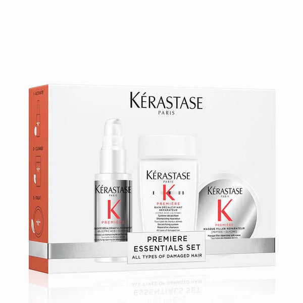 Limited Edition luxury Premiere by Kerastase, an essentials travel set. This powerhouse of a system removes calcium build up that causes damage and restores up to 99% of hair’s original strength* Infuses hair with shine and strength. 
