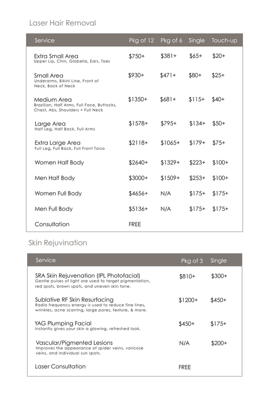 Laser hair removal and skin rejuvenation pricing chart for Amara Day Spa in Lehi and Orem, Utah. It details packages and single treatment rates for areas like underarms, bikini line, full body, and services including IPL photofacial, RF resurfacing, and YAG plumping facial. Affordable packages available for men and women, with free consultation included.