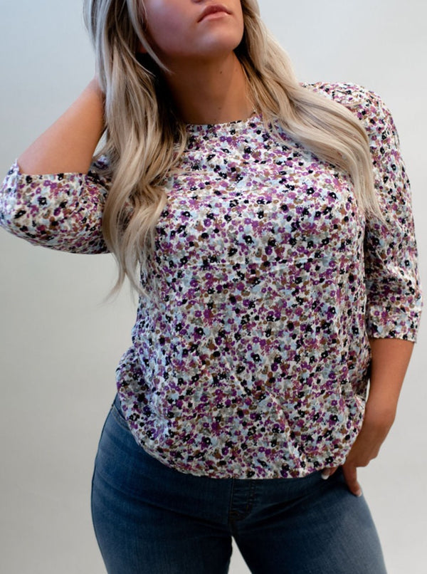 B.Young Purple Floral Short Sleeve Blouse