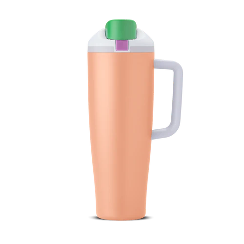 Owala FreeSip Tumbler Peachy Keen – insulated stainless steel tumbler with side handle, leak‑proof FreeSip spout, triple‑layer insulation, in soft peach tone.