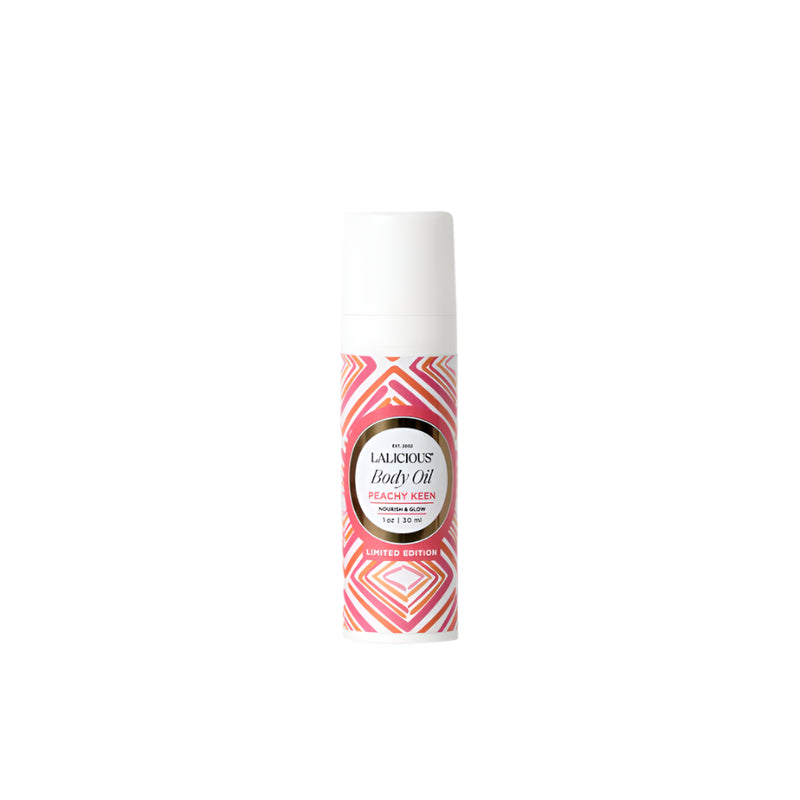 Lalicious Body Oil 1 oz in Peachy Keen – juicy peach-scented body oil with fruity, sweet notes for soft, glowing summer-ready skin. Hydrating and glowy for skin.