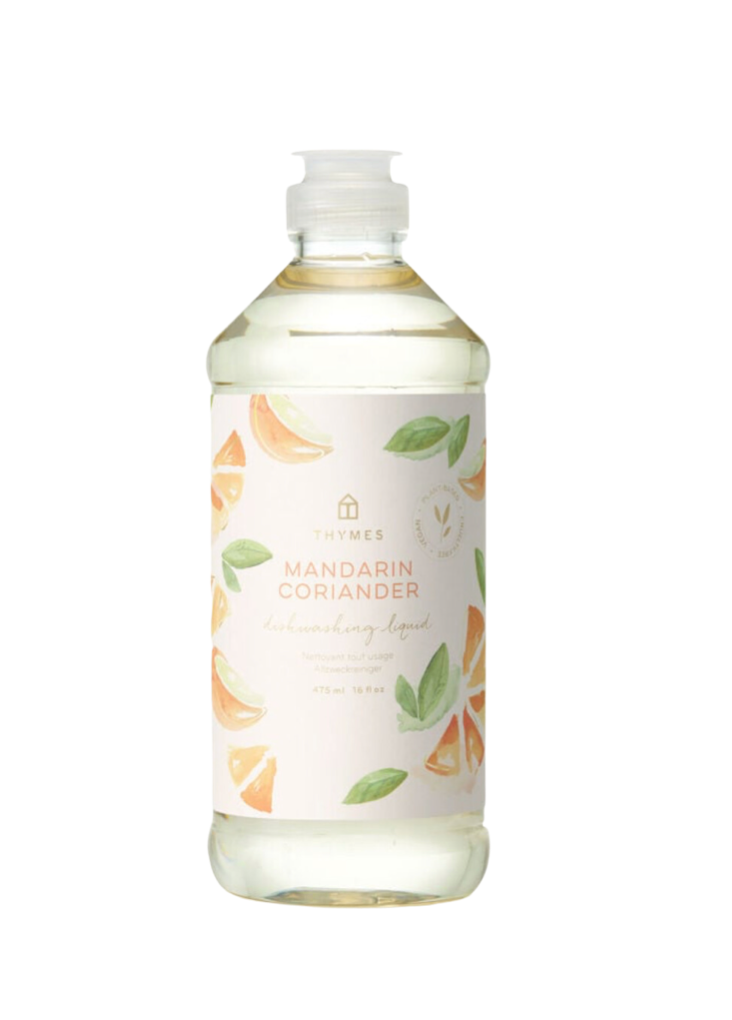 Thymes Mandarin Coriander Dishwashing Liquid, it features a refreshing citrus and herbal scent, designed to effectively clean dishes while leaving a pleasant aroma. Perfect for everyday use, it combines natural ingredients with a vibrant, energizing fragrance. 