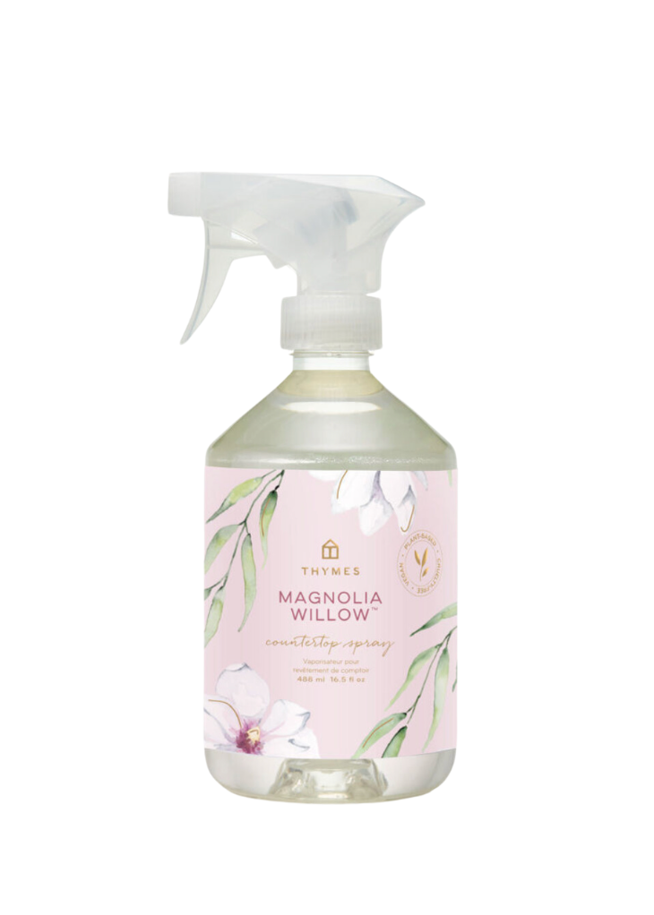 The Thymes Magnolia Willow Countertop Spray, featuring a delicate floral scent with hints of willow. Keeps your countertop and kitchen or bathroom surfaces clean and always smelling good too! Makes for a beautiful gift they are sure to love. 