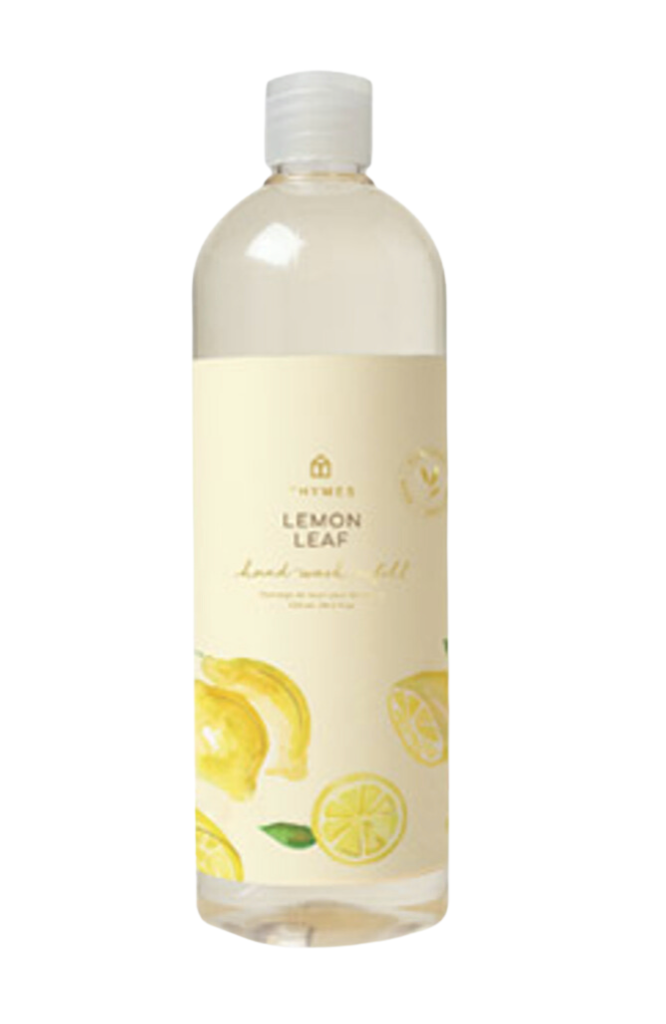 Eco-friendly Thymes Lemon Leaf hand wash refill bottle offering a crisp lemon fragrance for sustainable and effective hand washing. Store under your sink to conveniently refill your soap bottle. 