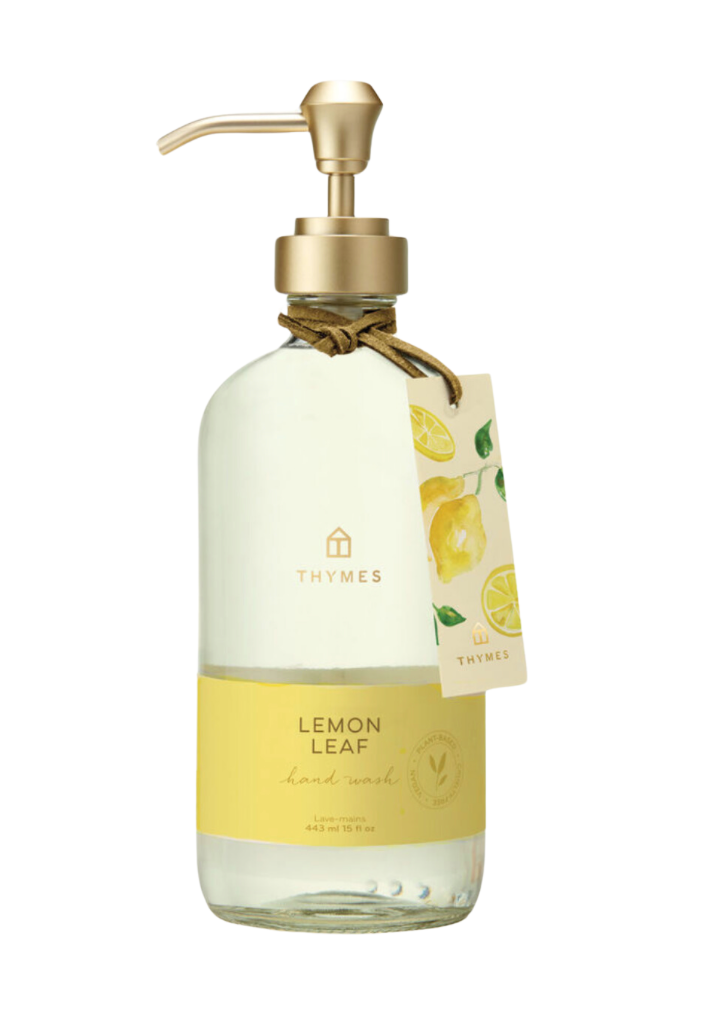 Thymes Lemon Leaf hand wash comes in a elegant, glass bottle, and metal dispenser, that is pleasing to any kitchen or bathroom area. Makes a good gifting option too. 