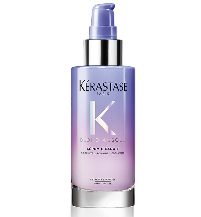 Blond Absolu night serum by Kérastase for soft, shiny, and revitalized blonde hair. Its an intense overnight, lightweight restoring the hair fiber.
