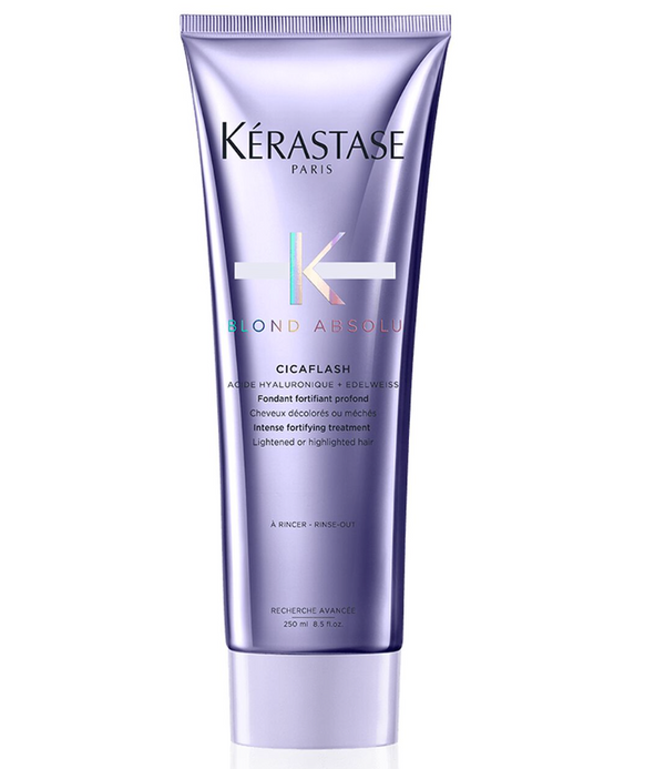 Kérastase Cicaflash conditioner for repairing and strengthening blonde hair. Lightweight, creates silky, hydrated hair. It has hyaluronic acid to strengthen and protect. 