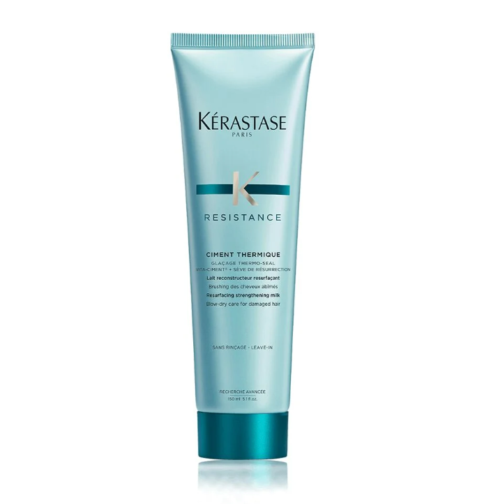 Luxury leave-in treatment: Kerastase Ciment Thermique for heat protection and repair. There is less breakage when blow-drying when using a heat protectant. Ciment Thermique protects up to 450 degrees. It is the ultimate heat protectant for weak or fragile hair. Also suitable for any and all hair types. 
