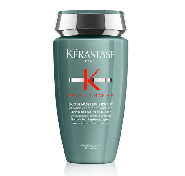 Kerastase Genesis Homme Bain De Masse Epaississant is professional formula targeting men clients who lack thickness and strength in their hair. Thickening shampoo system for men. Ideal for weakened hair that is prone to thinning.
This thickening shampoo system for men cleanses scalp and hair to remove excess impurities, dirt, and oil from weakened hair that is prone to thinning. Formulated with Creatine and Ginger Root for added strength.