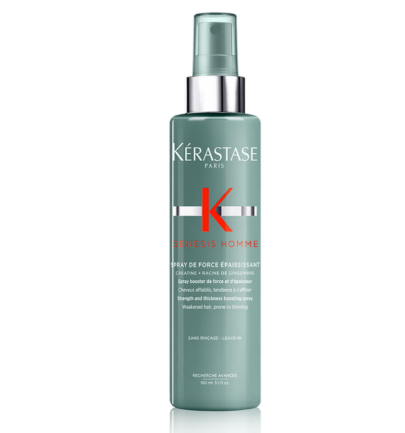 Kérastase Homme Spray - Force Épaississant for Instant Hair Thickness and Anti-Hair Fall Care. Formulated with Creatine and Ginger Root to strengthen hair fibers, this thickening spray provides instant volume for 24 hours.