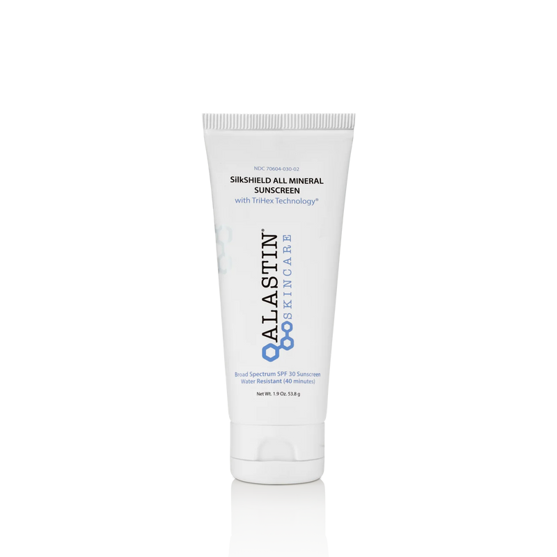 ALASTIN SilkSHIELD® All Mineral Sunscreen SPF 30 with TriHex Technology® – Broad-Spectrum UV Protection with Antioxidants to Defend Against Environmental Damage – Lightweight, Non-Greasy Formula for All Skin Types. This is a great option for skin protection and it goes on smooth. 