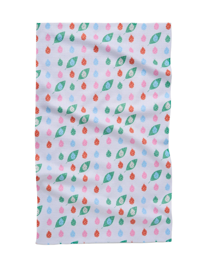 Whimsical ladybug and leaf print towel by Geometry House – absorbent and fast-drying. These are the perfect gift. 