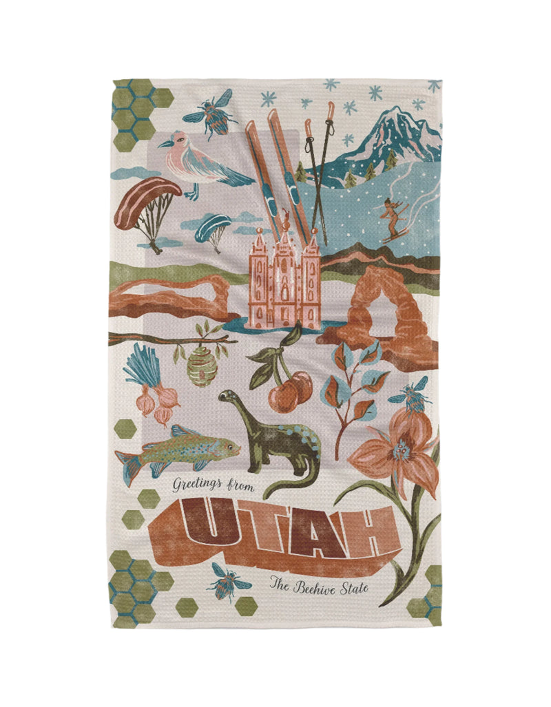 Geometry Kitchen tea towel Greetings From Utah – white microfiber waffle‑weave towel printed with hand‑illustrated Utah landmarks and state name, quick‑dry, ultra‑absorbent, with hanging loop.