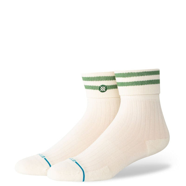Stance Cotton Quarter Light Cushion Socks with Roll Cuff. They are a cream color with two green stripes along the top of the rolled cuff. They are lightweight, breathable cotton socks with added cushioning for comfort. Stylish roll cuff design for a secure, relaxed fit. Ideal for active lifestyles and everyday wear. Perfect for warm weather and casual outfits.