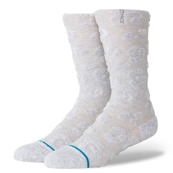 Stance Cotton Crew Light Cushion Socks in Terry Cheetah Heather Gray — mid-rise crew socks with a subtle cheetah print design in terry, light cushioning, and soft cotton blend for all-day comfort and breathable style.
