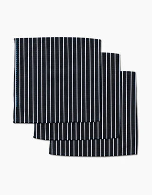 Geometry Kitchen dishcloth set of 3 in Luxe Black Linen – black microfiber waffle‑weave dishcloths with fine white vertical pinstripes, ultra‑absorbent, quick‑dry, eco-friendly and reusable.