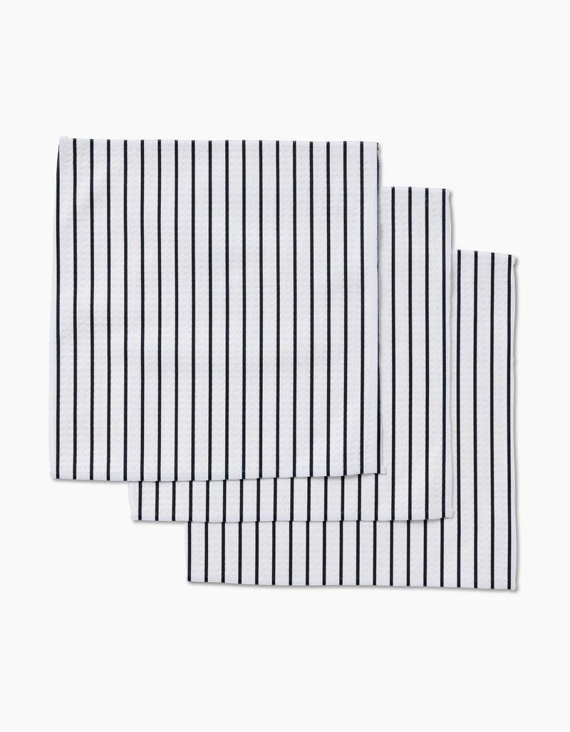 Geometry Kitchen dishcloth set of 3 in Luxe White Linen – crisp white with pinstripe black lines; microfiber waffle‑weave dishcloths with clean linen-like texture, quick-drying, ultra‑absorbent, reusable and sustainable