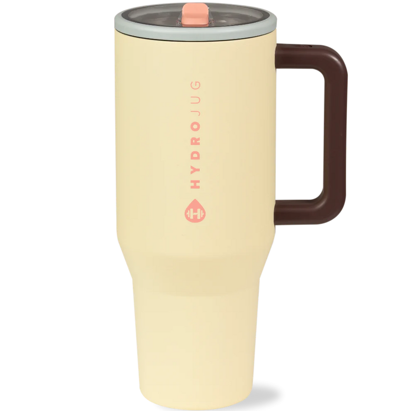 HydroJug Belle 40oz tumbler for on-the-go hydration with spill-proof lid and insulated design. Has an easy carry handle for convenience. 