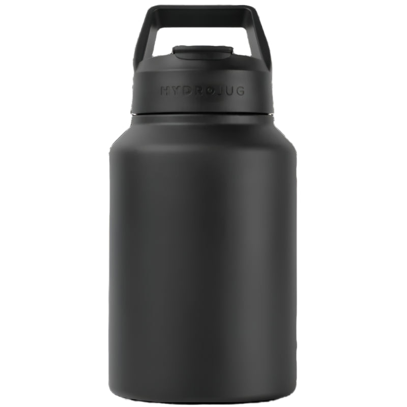 HydroJug Sport 64 oz in Matte Black – triple‑wall vacuum‑insulated stainless steel sports jug with flip‑up straw lid, ergonomic carry handle, leak‑proof silicone base and sweat‑free matte black finish ideal for gym, hiking or all‑day hydration.