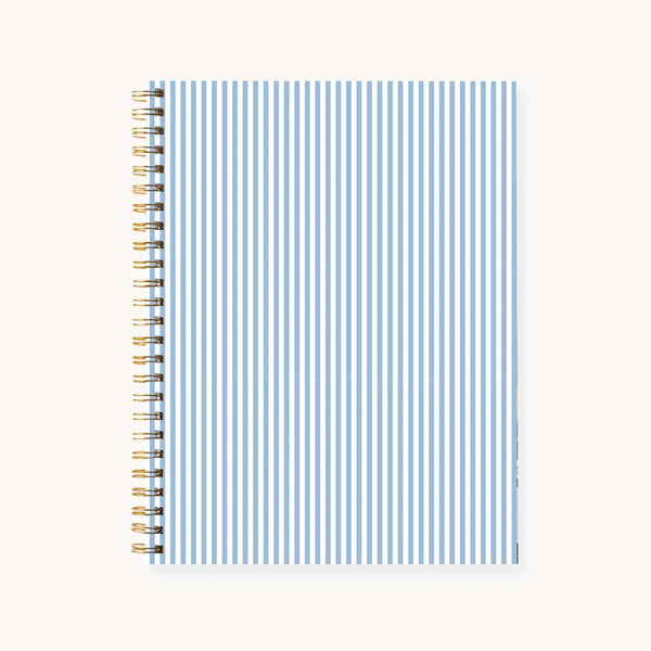 Elyse Breanne Design 7x9 hardcover spiral notebook – Blue Stripes cover, 144 college-ruled pages, gold twin-ring binding, lays flat.