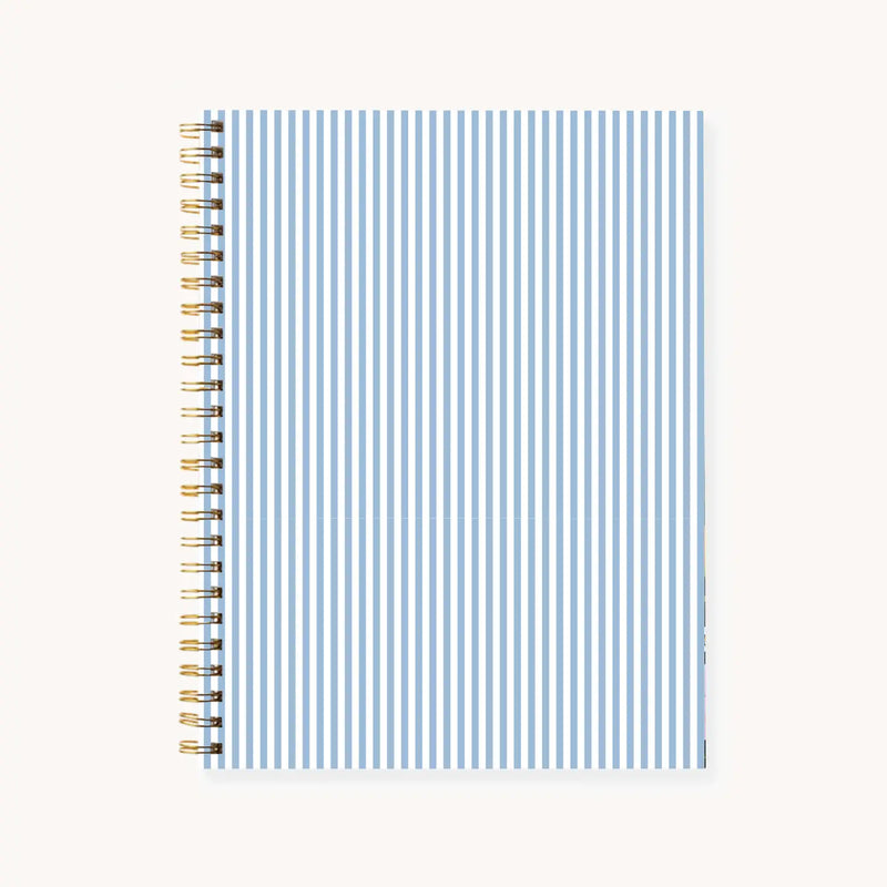 Elyse Breanne Design 7x9 hardcover spiral notebook – Blue Stripes cover, 144 college-ruled pages, gold twin-ring binding, lays flat.
