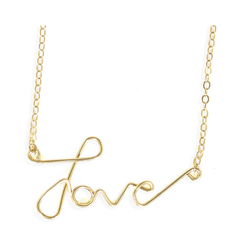 Amy Joy Love Wins Necklace – handcrafted gold filled chain necklace with cursive love word pendant, minimalist handmade jewelry.
