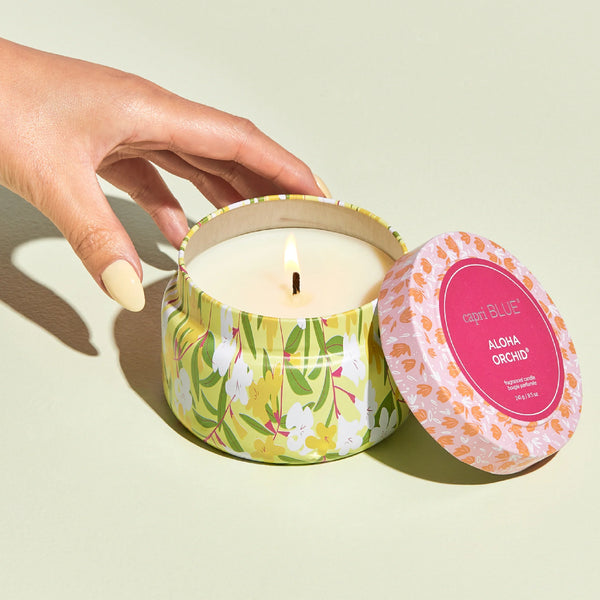 Capri Blue Aloha Orchid Pattern Play Printed Travel Tin Candle, 8.5 oz