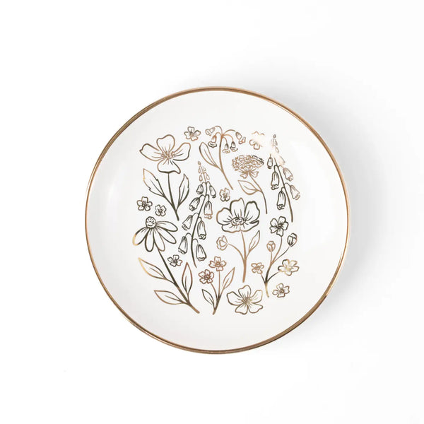 Pressed Floral Circular Trinket Dish – porcelain jewelry holder with black floral design and gold rim, decorative catch-all tray for rings, earrings, and keepsakes.