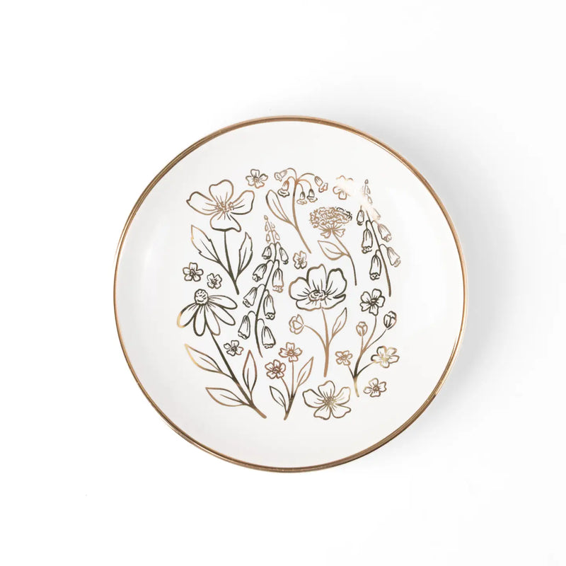 Pressed Floral Circular Trinket Dish – porcelain jewelry holder with black floral design and gold rim, decorative catch-all tray for rings, earrings, and keepsakes.