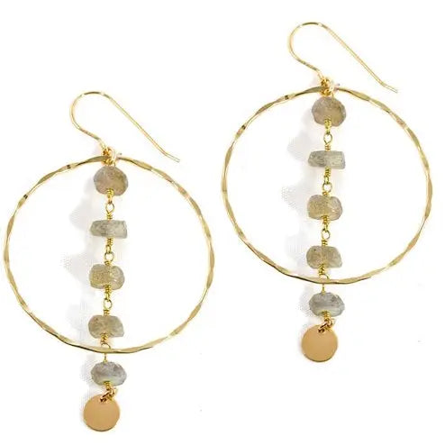 Handmade Amy Joy Hoopla Earrings in gold filled with labradorite gemstones – hammered hoop design with cascading labradorite beads and gold charm accent, artisan lightweight statement earrings.