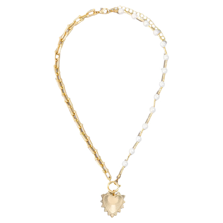 The Heartburst Gold & Pearl Mixed Chain Heart Pendant Necklace – Elegant Half Pearl, Half Gold Link Chain with Textured Heart Charm. Timeless & Chic Statement Jewelry for Layering & Everyday Elegance. Would be so cute dressed up or down, and layered with other chains or chunky necklaces. 