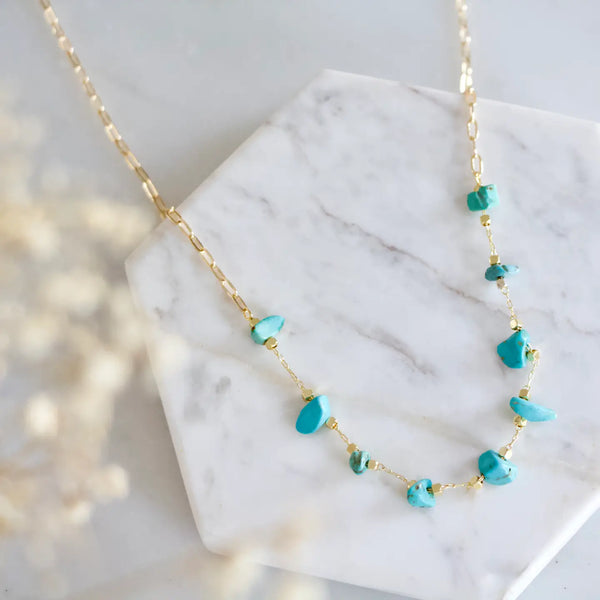Mesa Blue turquoise nugget paperclip chain necklace with gold links – modern boho layering jewelry for women.