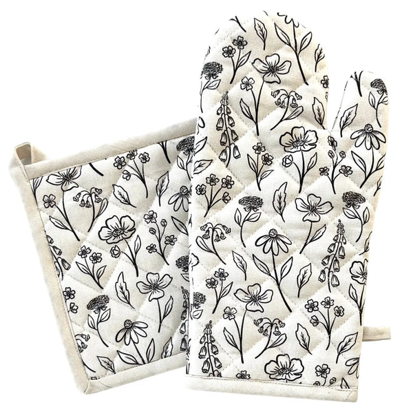 Elyse Breanne Design oven mitt and pot holder set pressed floral print – quilted cotton kitchen accessories with black and white botanical design.