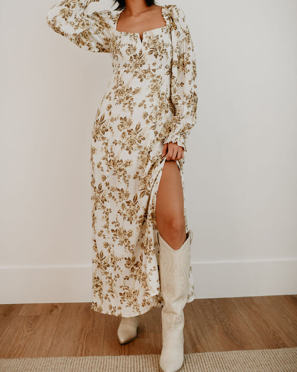 Free People Jaymes Floral Smocked Long Sleeve Maxi Dress- Pastry Cream Combo