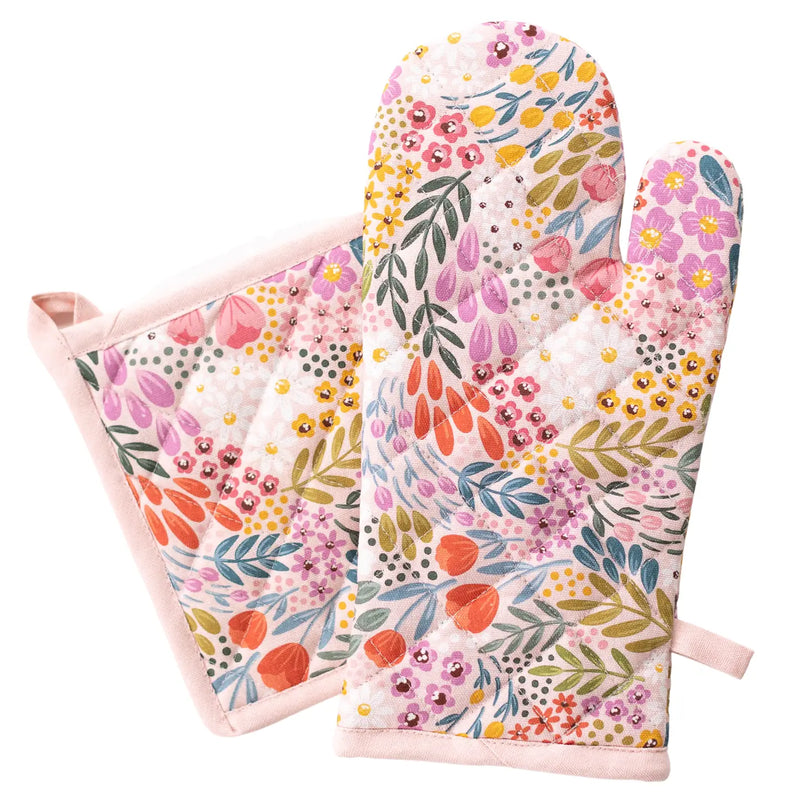 Elyse Breanne Design oven mitt and pot holder set Summer Meadows floral print – quilted cotton kitchen accessories with colorful botanical pattern.