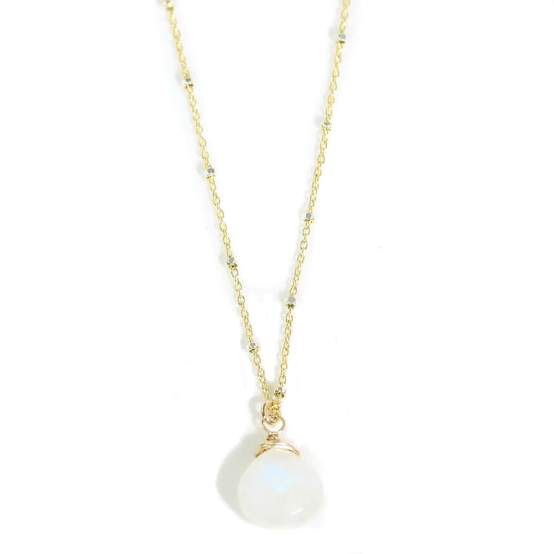 Amy Joy Serenity Necklace with faceted moonstone pendant on gold-filled satellite chain.