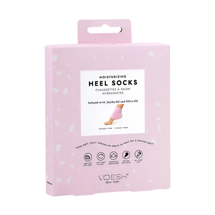 Pink toeless moisturizing heel socks with gel lining infused with jojoba and olive oil – reusable spa foot care treatment for dry heels.