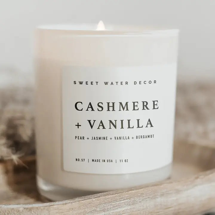Sweet Water Decor Cashmere and Vanilla 11 oz. hand poured soy candle with non-toxic ingredients. Beautiful for the home, for gifting, and you will feel safe burning it because it contains safe ingredients. Top fragrance notes are pear, jasmine, vanilla and bergamot. It will create a luxury, calming, relaxing ambiance. 