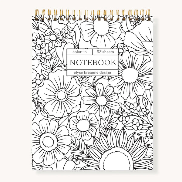 Elyse Breanne Design Color-In Notebook – spiral bound notebook with black and white floral cover and 52 sheets for coloring and notes.