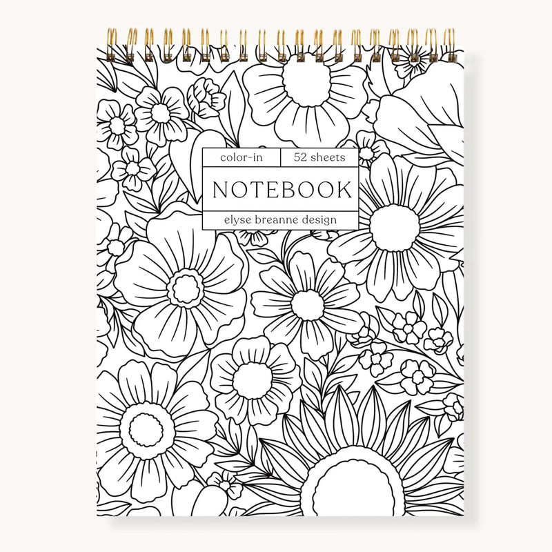 Elyse Breanne Design Color-In Notebook – spiral bound notebook with black and white floral cover and 52 sheets for coloring and notes.