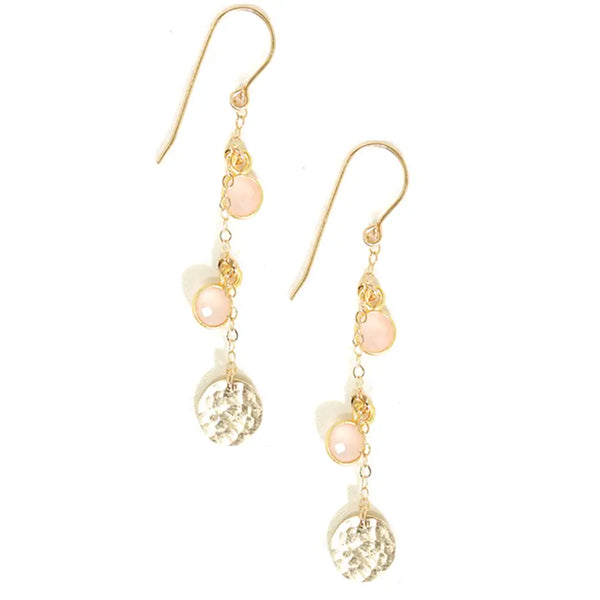Gold-filled hoop earrings with hammered texture and dangling rose quartz gemstones – Amy Joy Stone Bali Earrings.