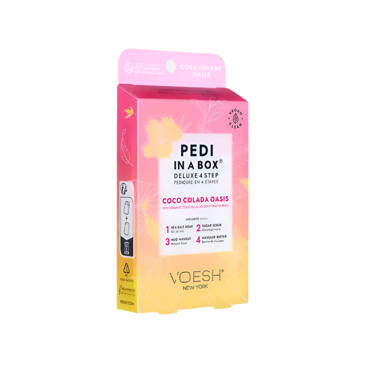 Voesh Pedi in a Box Deluxe 4‑Step Coco Colada Oasis – single‑use spa pedicure kit with sea salt soak, sugar scrub, mud masque and coconut-scented massage butter in tropical coconut packaging.