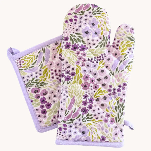Elyse Breanne Design Oven Mitt and Pot Holder Set Lilac Florals – heat-resistant quilted cotton kitchen essentials with floral print for cooking and baking.