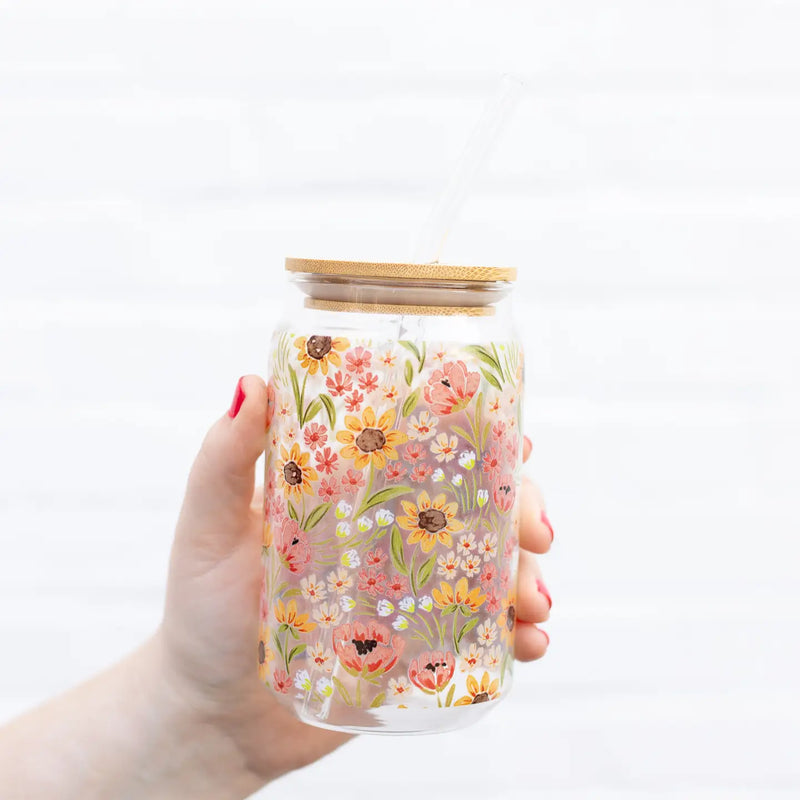 Elyse Breanne Design 16 oz. glass can – reusable iced coffee cup with bamboo lid, straw, and sunny poppies floral print.