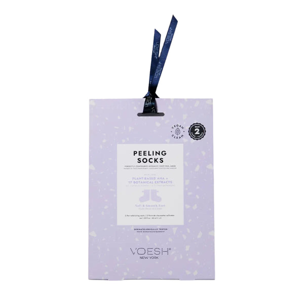 Voesh Peeling Socks Duo – set of two exfoliating foot peel masks using sugarcane‑derived AHA/BHA acids, lavender and botanicals to gently break down dead skin and calluses for soft, smooth feet in 7–10 days.