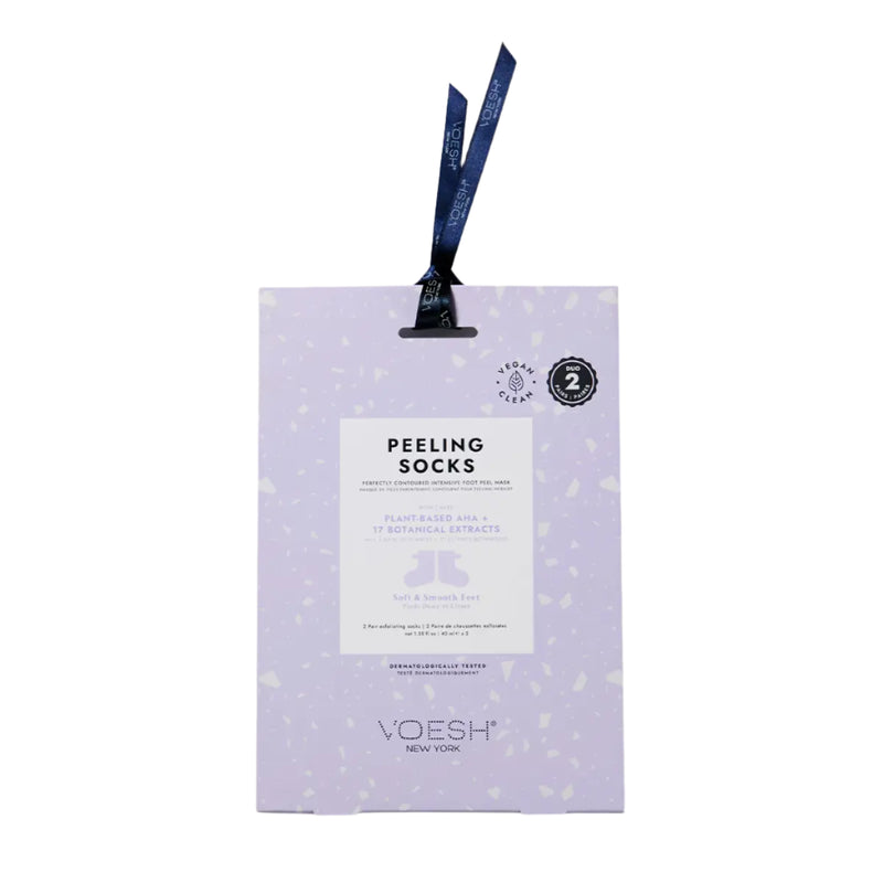 Voesh Peeling Socks Duo – set of two exfoliating foot peel masks using sugarcane‑derived AHA/BHA acids, lavender and botanicals to gently break down dead skin and calluses for soft, smooth feet in 7–10 days.