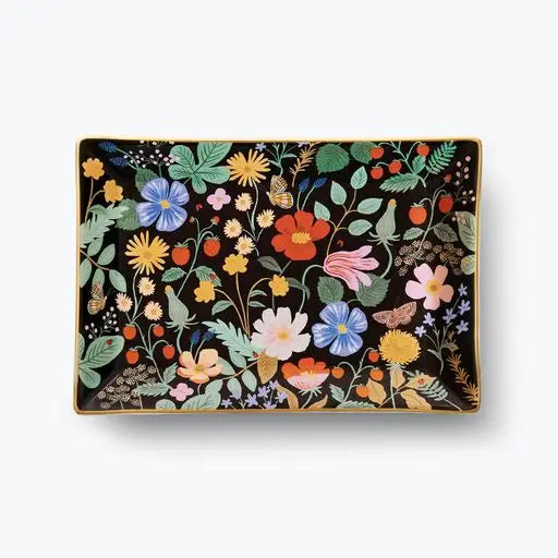 Rifle Paper Co. porcelain catchall tray in Strawberry Fields floral design – decorative trinket dish for keys, jewelry, and vanity organization.