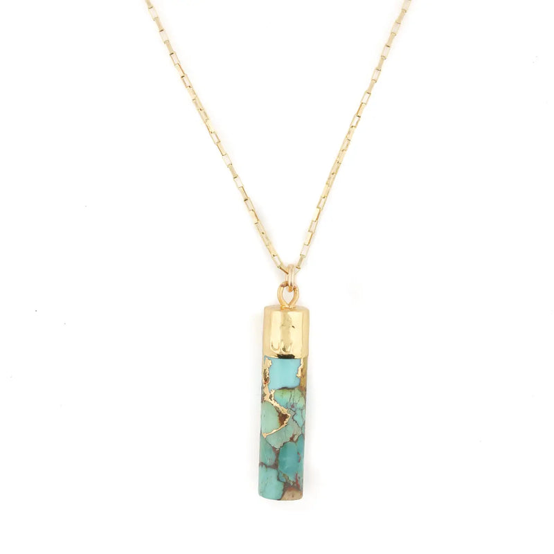Gold-filled necklace with a turquoise bar pendant featuring natural veining and gold cap, handmade by Amy Joy Jewelry.