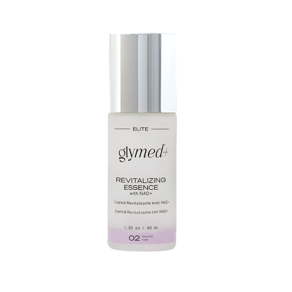 GlyMed Plus Revitalizing Essence with NAD+ in a sleek frosted bottle — a skin-reviving facial essence that boosts hydration, supports cellular regeneration, and enhances radiance with antioxidant-rich NAD+.